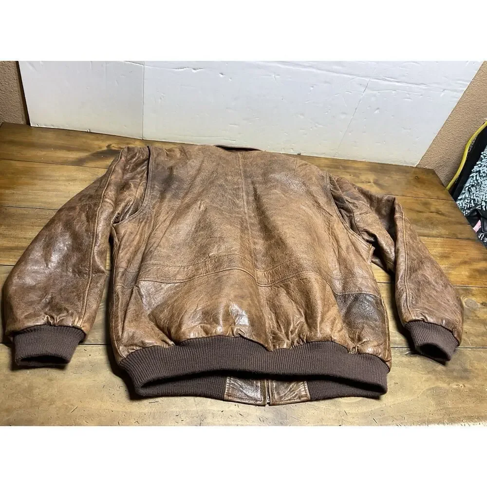 Context Vintage 90s Leather Bomber Jacket Brown Size Aztec Lining Full Zip XLT
